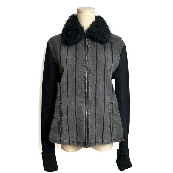 No Boundaries VTG Y2K Faux Fur Collar Denim Jacket Junior XL Grunge 2000s Black - Picture 1 of 11